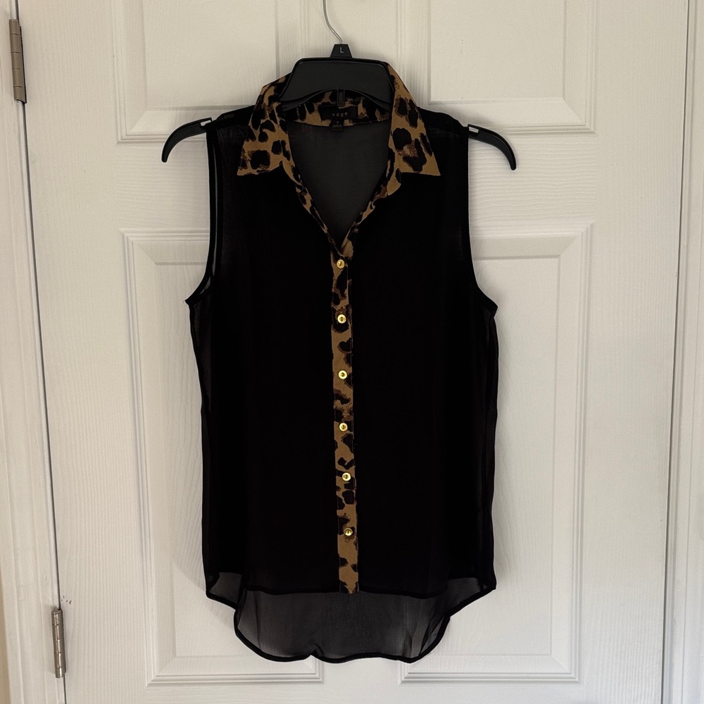 Black Sleeveless Blouse with Leopard Accents